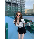 Girl Sports Suit Women's Turn-down Collar Casual Color Matching V-neck Top Split Shorts Two-piece Set Fashion Female