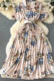 Women Floral Pleated Chiffon Dress Vintage Turn-Down Collar Short Sleeve Single Breasted Printed Draped Midi Vestidos