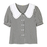Shirts Women Peter Pan Collar Sweet Loose Lace Button Retro Puff Short Sleeve Blouses Design French Style Summer Mujer