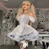 Shoulder Lace Spliced Dress Dark Style Waist Shows A Thin And Fluffy Short Skirt