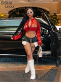 Letter Print PU Patchwork Y2K Varsity Jacket Women Casual Wild Buttons Tops Coats+High Waist Shorts Baseball