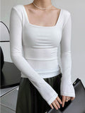 square-neck t-shirt women's slim-fit exposed collarbone low-neck short top bottoming