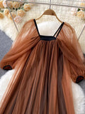 Lantern Sleeve Style Square Collar Net Dress Femininity Tea Break Skirt Warm And Long Fairy