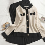 Autumn Women's Knitted 2 Piece Set Chic Office Ladies Single Breasted Cardigan Sweater + Pleated Knee-Length Skirt