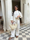 Women Solid Flower Shape Hollow Out Pants Sets Women Fashion Long Sleeve Lapel Shirt Elastic Waist Suits Casual Loose