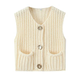 2025 Spring And Autumn 2025 New Women's Pocket Sleeveless Short Knitted Cardigan