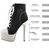Onlymaker Women's Canvas Platform Lace Up Ankle Boots16cm High Heel Side Zipper Plus Size Fashion Sexy Stiletto