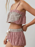 Women Pajamas Sets 2 Pieces Loungewear Suits Plaid Print Camis Cropped Tank Tops Drawstring Shorts Sleepwear