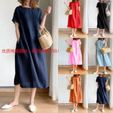 New Leisure Spring And Summer Loose Skirt Short Sleeve Round Neck Solid Cotton Linen