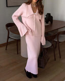 And Winter Solid Color Overturned Sweater Suit Female Horn Sleeve Temperament Knitted Polo Skirt