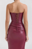 Burgundy Strapless PU Leather Maxi Dress- Outfit
