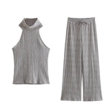 New Collar Sleeveless Blouse Wide-Leg Casual Trousers Silk Satin