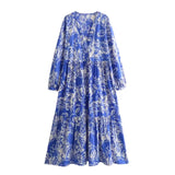 Spring Printed V-Collar Stitched Long-Sleeved Dress