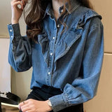 Style Ruffle Denim Blouse Women Casual Loose Long Sleeve Jean Shirt Female Elegant Plus Size 4XL Spring Blue Denim