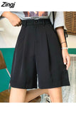 Women Summer Button Knee-length Black Wide-leg Loose Drape Korean-style Casual Womens Office BF Streetwear Fashion
