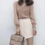 size Women's Spring Autumn Style Chiffon Blouses Shirt Women's Knitted Button Long Sleeve Solid Color Lace Patchwork