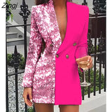 Women Office Dress Colorblock Patchwork Long Sleeve Blazer Dress V Neck Sequins Double Breasted Blazer
