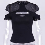 Knitted Gothic Vintage Hollowed-Out Short-Sleeved T-Shirt Spring Ins Dark Style Slim