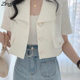 Women Single-breasted Lapel Short-sleeve Vintage Simple Elegant Office Lady Korean Style High-quality Trendy Slim