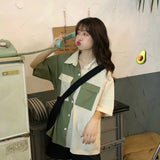 Women Shirts Short Sleeve Patchwork Pockets Summer Fresh Leisure Students Preppy-style Vintage Loose Harajuku Simple