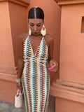 Embroidery Print Backless Maxi Dress Women Sexy V Neck Sleeveless Slim Halter Long Robes Lady Holiday Party