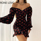 Women Elegant Off Shoulder Long Sleeves Disty Floral Print Ruffle Hem Mini Bodycon Party Sexy