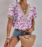 Women's Dress V-Neck Lace Loose Top Commuter Short-Sleeved Shirt Women Splicing