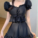 Collar Bikinis Sets Women Ruffles Bandage Beach Style Holiday Swimwear Conservative Solid Ladies Fashion Chic Puff