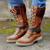 Zingj Medium-Sized Women's Boots 2024 Winter New Round Head Square Heel Leather Buckle Wool Spliced Martin