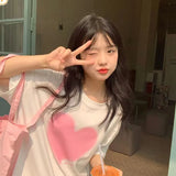 Women Cozy Baggy Heart Print All-match Sweet Simple Ins Summer Korean Style O-neck Clothes Students Casual Harajuku