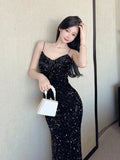 Pink Spaghetti Strap Sequin Sleeveless Open Back Long Dress 2023 Summer Party Dresses For