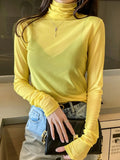 M-3XL Girls Colorful Mesh T-Shirts Tees Female Transparent Long Sleeve Turtleneck Thin Tshirt Tops Women Spring