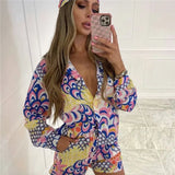 Print 3 Piece Sets Women Long Sleeve Blouses Top Shirt Mini Short Y2K Aesthetic Vintage Summer Vacation Matching