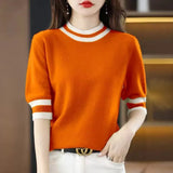 Round Collar Half-Sleeve Tight Cover Sweater Five-Point Sleeve Top Female Knitting Bottom Flying Sleeve Half-High