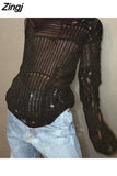 Vintage White Ripped Hole Grunge Sweater Women Casual Loose Jumper Solid Long Pullovers Knitted Hollow Out
