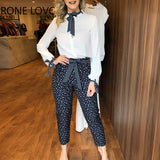 Women Spring Long Sleeves Tied Blouse Top & Polkadot Print Pants Set Casual 2 Pieces