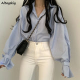 Women Striped Shirts Designer Lantern Sleeve Ulzzang Boyfriend Korean Style Fashionable Soft Tops Students All-match Casual