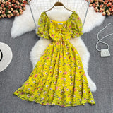 Women Sexy Floral Chiffon Dress Female Elegant V-Neck Short Sleeve High Waist A-Line Beach Vestido Casual Party Robe