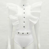 Mesh Black Ruffles Bodysuit Women Summer Sexy Single-breasted Bodycon Overalls Female Short Sleeve Beach Party Bodys