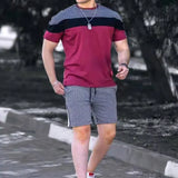 Men Slim Suits 2021 Summer Men's Patchwork Casual 2 Piece Set Fashion O-Neck Short Sleeve Tees And Drawstring Shorts Outfits