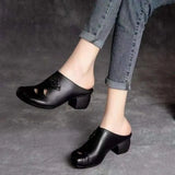 Zingj Leather Head Semi-Slippers Female 2023 Summer Retro Medium-High Heels Hollowed-Out Thick Heels Cool Middle-Aged