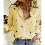 Long Sleeve Birds Print Loose Shirts Women Oversized Cotton and Linen Blouses and Tops Vintage Streetwear Tunic