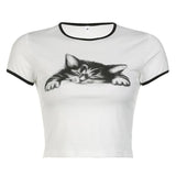Zingj Summer New Spice Girl Street Fashion Strip Bump Color Cat Print Round Neck Crop