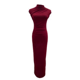Unique Dress With Thin Folds And Hips High-Collar After The Opening Of The Fork Dress