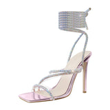 Onlymaker Women's Summer Crystal Lace-Up Stiletto High Heel Sandals Multicolor Square Toe Cross Strap PVC Bling