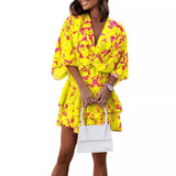 Zingj Wise Hot Style Autumn V-Collar Loose Bat Sleeve Print Dress Women's