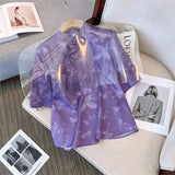 Button-Down Blouse Women 2023 Summer Style Retro Silk Shirt Women's Short-Sleeved Five-Sleeve