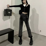 Women Gothic High Waist Jeans Fairy Grunge Pants Wide Leg Denim Lace Up Alt Harajuku Straight Trousers Streetwear