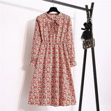 Summer Dress Women Lady Korean Style Vintage Floral Printed Cotton-Chiffon Shirt Dress Long Sleeve Bow Midi Dress