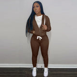 Women 2 Piece Set Solid Long Sleeve Zipper Fly Hooded Coat High Waist Jogging Pant Matching Set 2022 Autumn Sweat